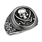 Anillo para hombre tipo sello con bandera pirata y timón de barco en el brazo en acero inoxidable plateado antiguo 1
