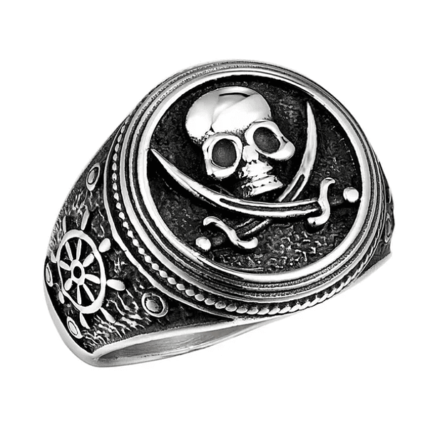 Anillo para hombre tipo sello con bandera pirata y timón de barco en el brazo en acero inoxidable plateado antiguo 1