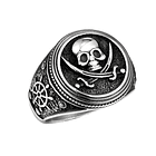 Anillo para hombre tipo sello con bandera pirata y timón de barco en el brazo en acero inoxidable plateado antiguo 2