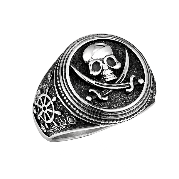 Anillo para hombre tipo sello con bandera pirata y timón de barco en el brazo en acero inoxidable plateado antiguo 2