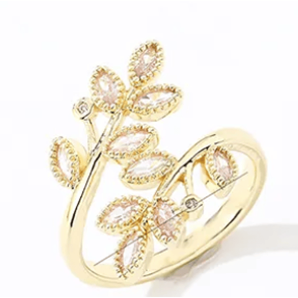 Anillo de hojas de olivo con circonias blancas corte marquesa ajustable en cobre chapado