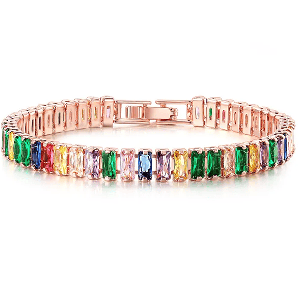 Pulsera con circonias multicolores corte octágono en cobre chapado en oro rosa