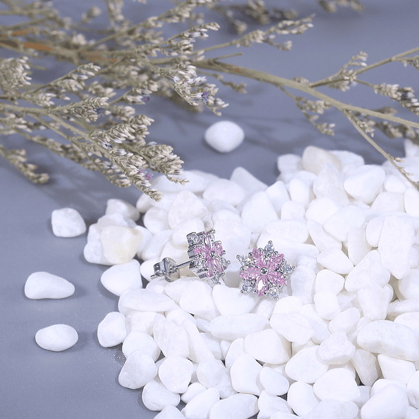 Aretes de flor geométrica con diamantes rosas marquesa de imitación y circonias blancas redondas 2