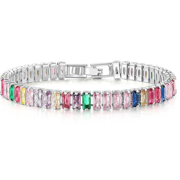 Pulsera con circonias multicolores corte octágono en cobre blanco