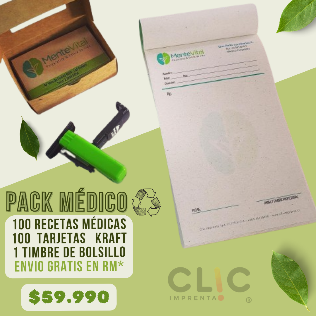 Pack ♻️  1 Recetas Médicas + 1 Timbre de Bolsillo - 100 Tarjetas kraft
