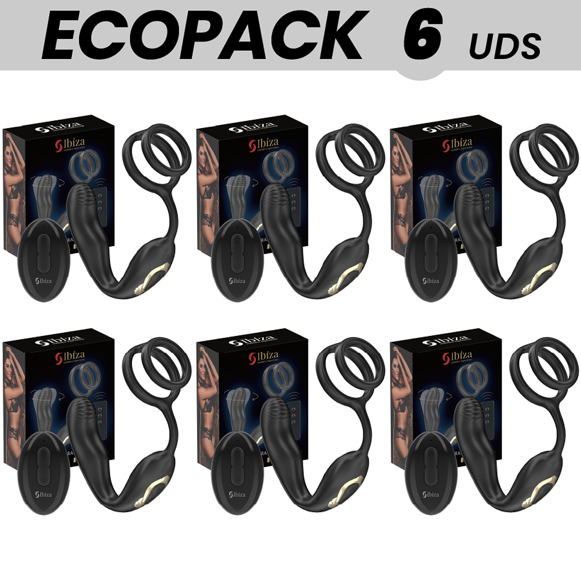 ECOPACKS 6 UNIDADES - IBIZA WIGGLE PLUG ANAL GIRATÓRIO COM CONTROLE REMOTO, VIBRAÇÃO PERINEAL E ANÉIS PARA AUMENTO DO PÊNIS 1