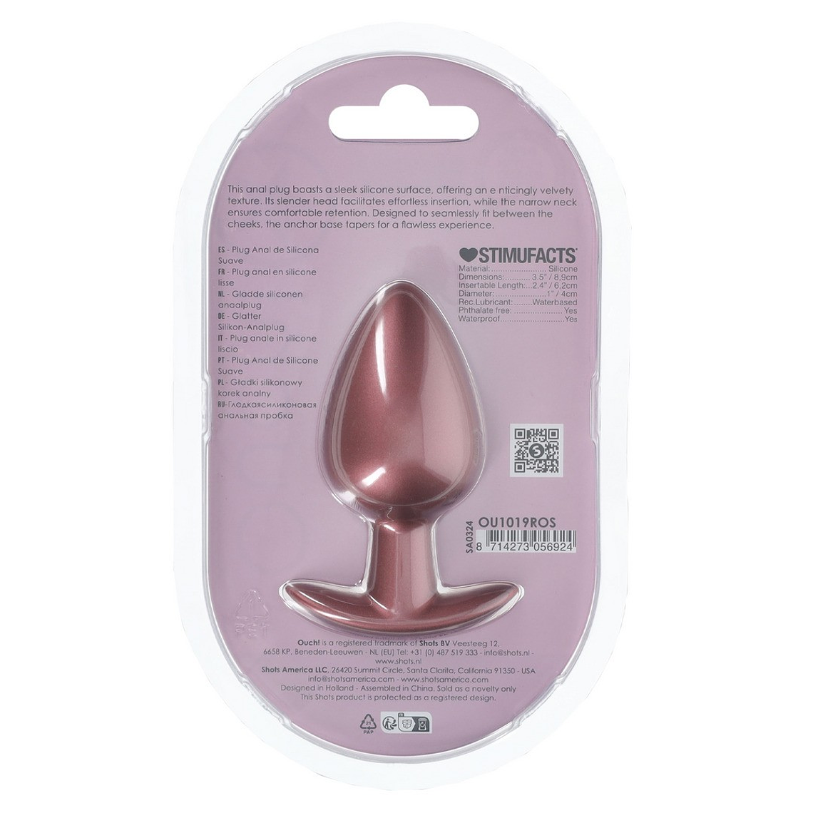 PLUG ANAL SMOOTH SILICONE LARGE 3,5 /8,9 CM ROSE GOLD OUCH! 3