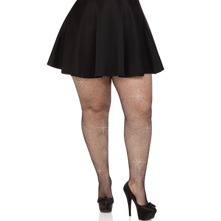 LEG AVENUE - MEIAS DE MALHA CRISTALIZADA PRETAS PLUS SIZE 1