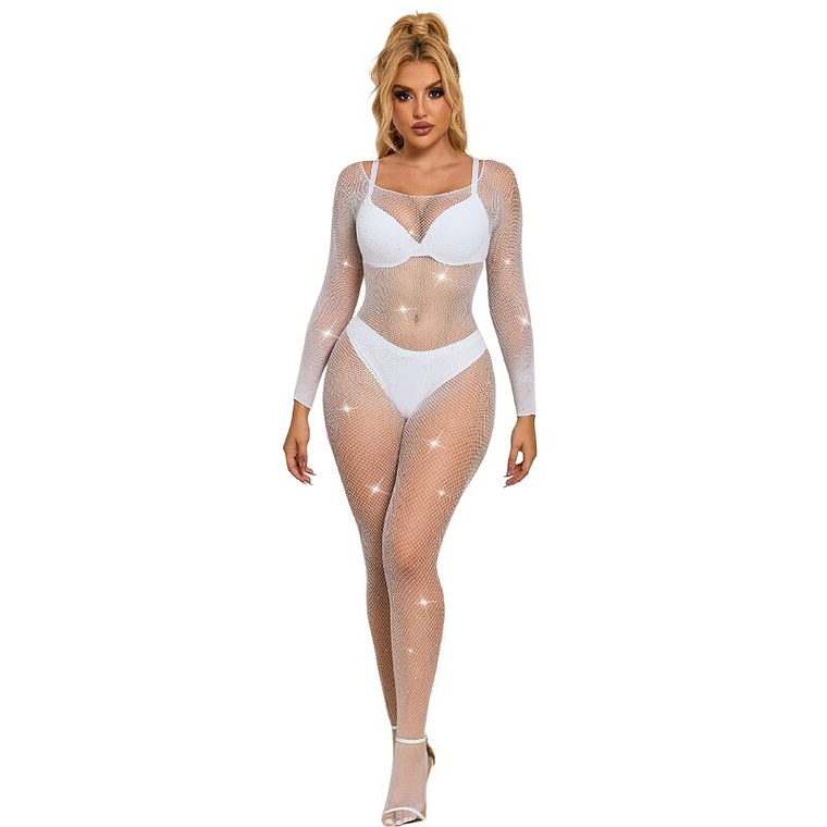 SUBBLIME - 952396 BODYSTOCKING DE REDE COM DIAMANTES MANGA COMPRIDA BRANCO TAMANHO ÚNICO 1