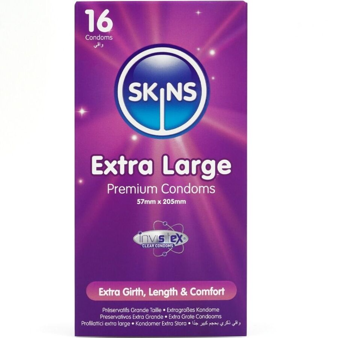 SKINS - PRESERVATIVOS EXTRA GRANDE PREMIUM PACOTE COM 16 1