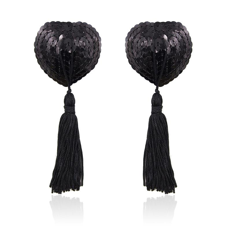 Self-Adhesive Heart Sequin Nipple Cover with Tassel Black 1