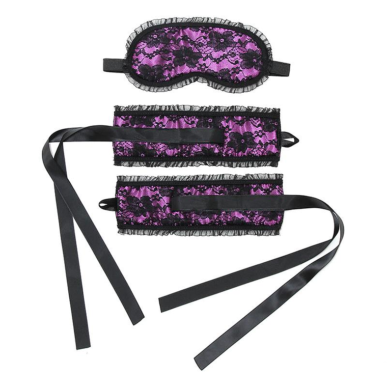 Bondage Satin Look Handcuffs with Mask Purple 1
