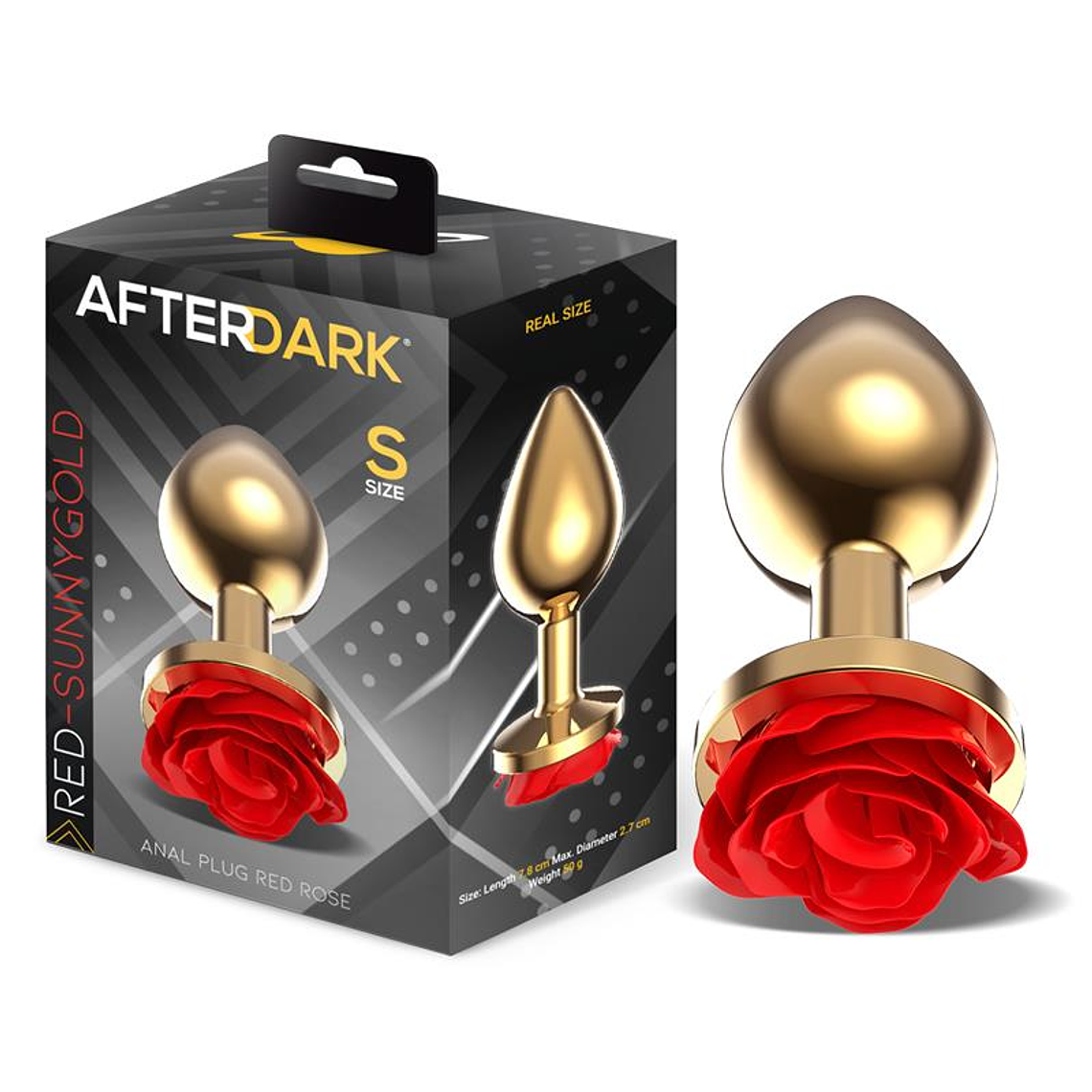 Golden Metal Anal Plug with Red Rose Base - Size S 1