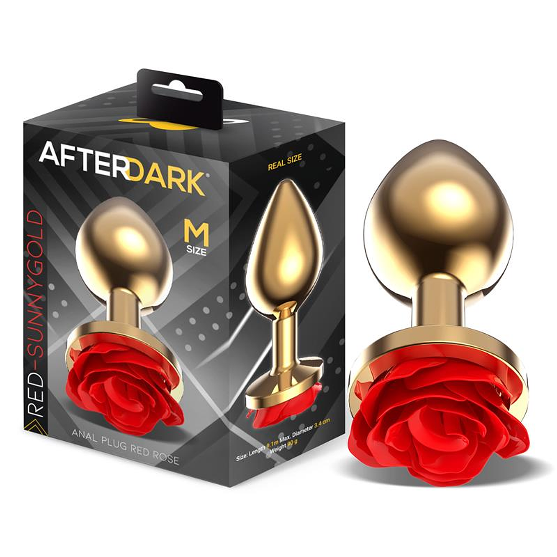 Golden Metal Anal Plug with Red Rose Base - Size M 1