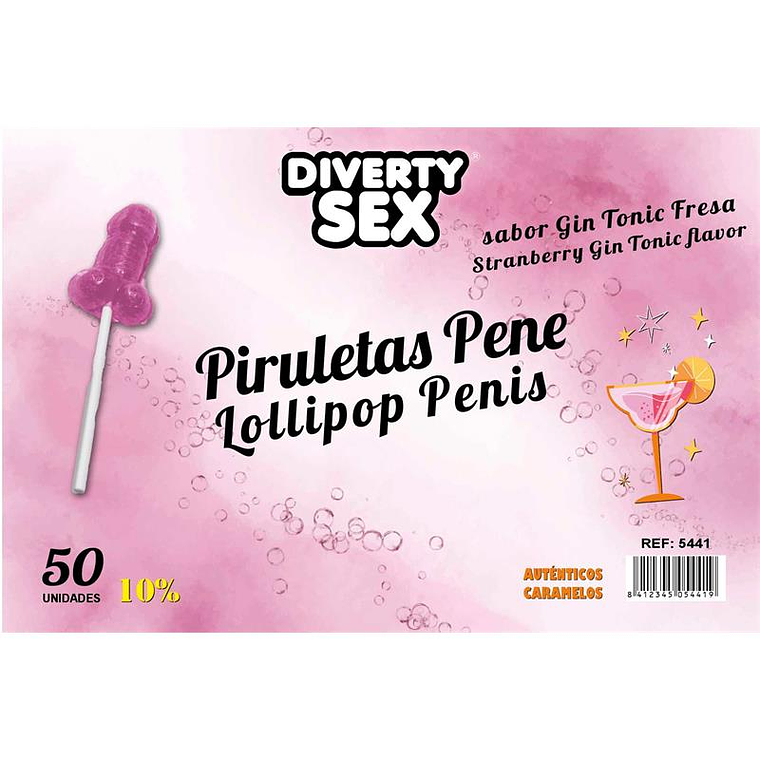 50 penis-shaped lollipops gin tonic-strawberry flavor 10% alcohol 1