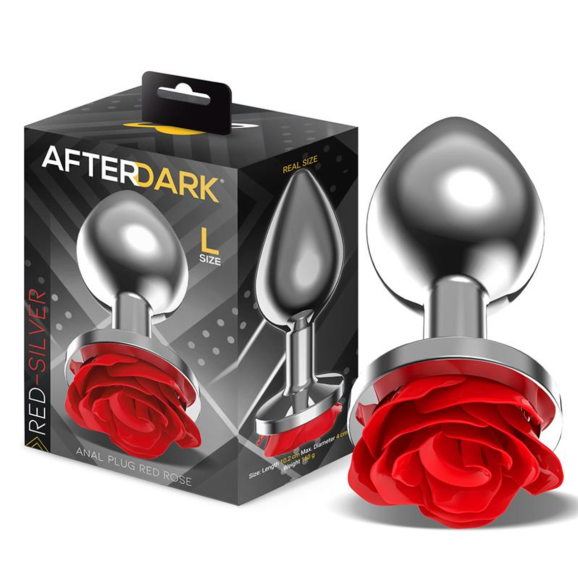Silver Metal Anal Plug with Red Rose Base Size L 1