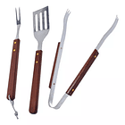 Set Parrillero Pinzas Tenedor Y Espatula Con Mango Madera  1