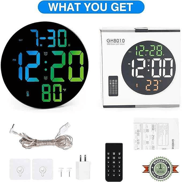 Reloj De Pared Digital Redondo Led Grande Control Remoto 9''  3