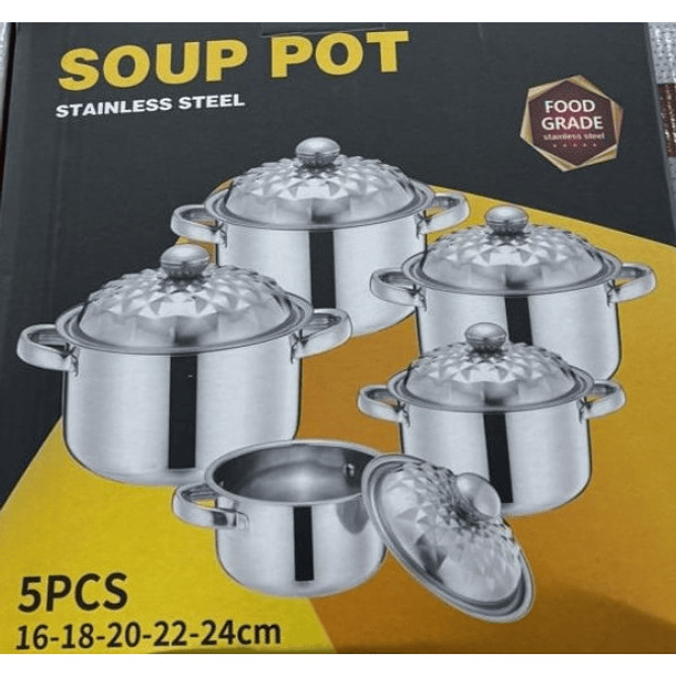 Set Ollas Bateria 5 Piezas Con Tapa Acero Inoxidable SKU: CH 