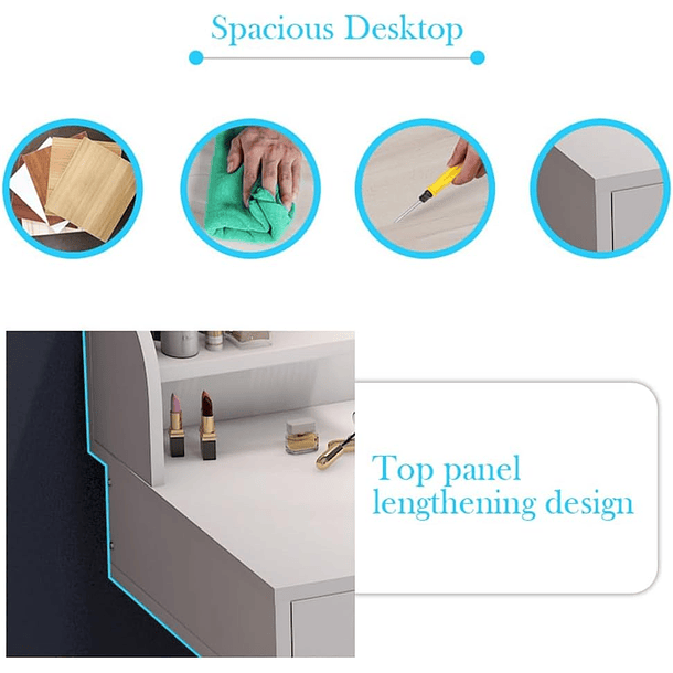 Mesa De Noche Maquillador Escritorio 2 Cajones Espejo Touch con luz 3