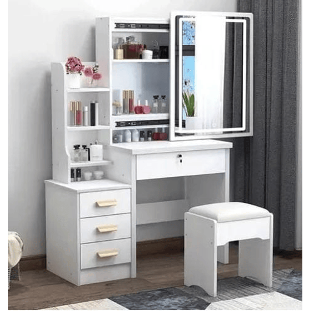 Tocador con Espejo Silla de Madera Ideal para Recamaras Blanco NL Cod 9150 4