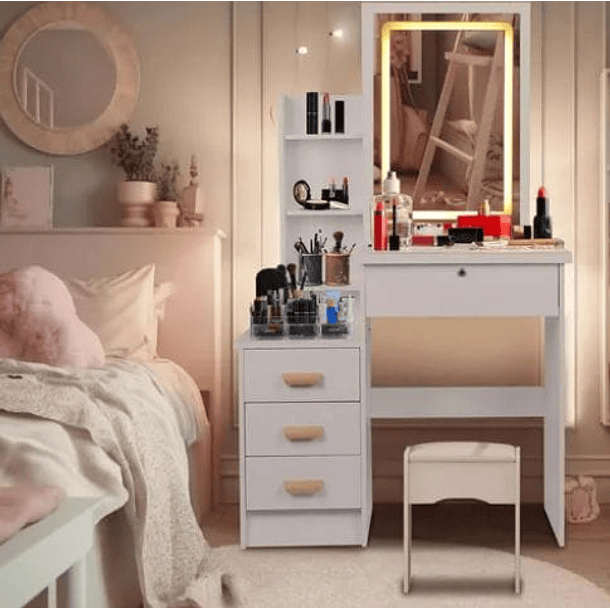 Tocador con Espejo Silla de Madera Ideal para Recamaras Blanco NL Cod 9150 5