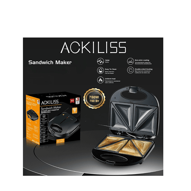 Maquina Sandwichera Antiadherente Negro 750w Ackiliss CF 3
