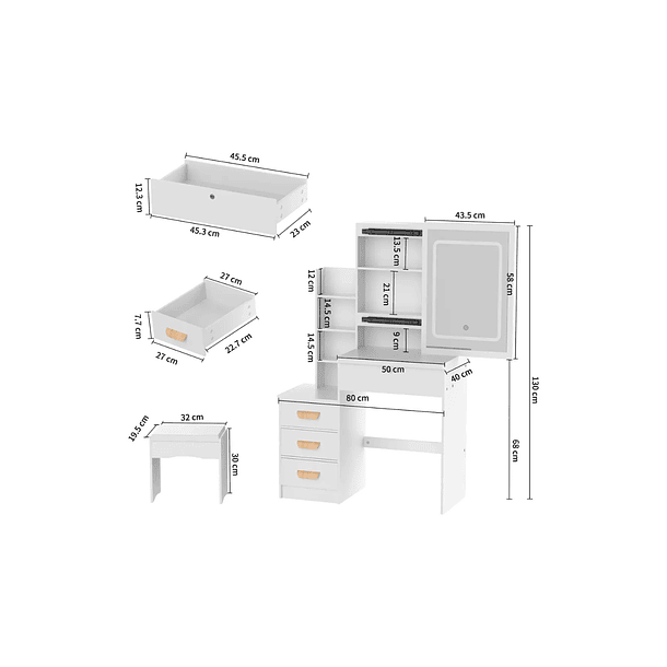 Tocador Compacto Con Espejo Y Taburete 80x40x130cm Blanco  TC   2