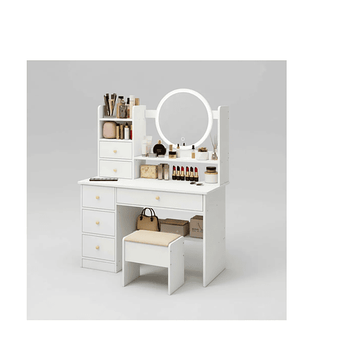 Tocador Con Espejo Luz 80x37x120cm 4 Cajones 2 Puertas Blanc Blanco