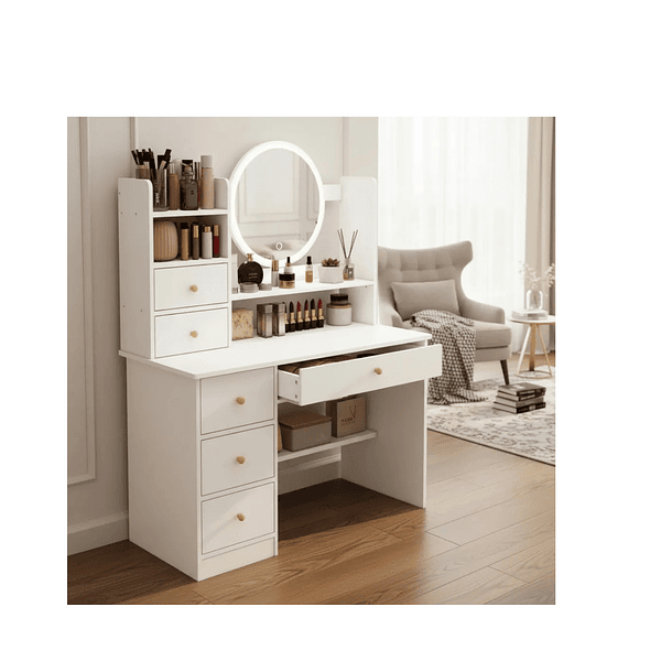 Tocador Con Espejo Luz 80x37x120cm 4 Cajones 2 Puertas Blanc Blanco 3