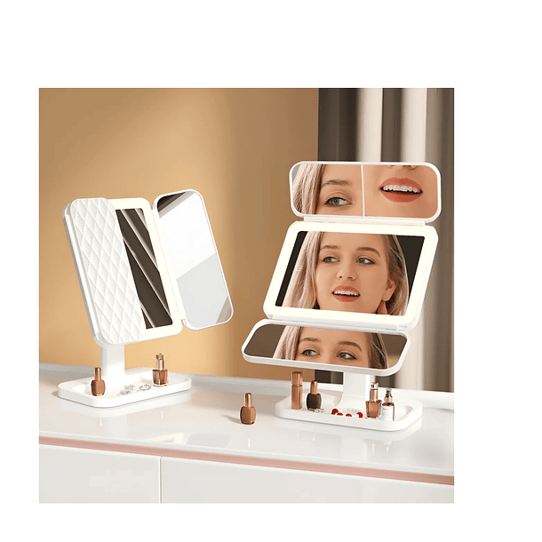 Espejo de Maquillaje triple plegable con luz led y Aumento marco blanco  3