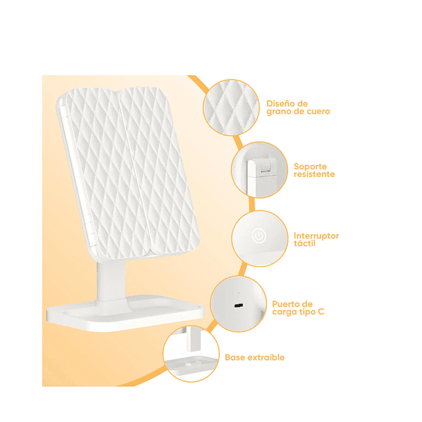 Espejo de Maquillaje triple plegable con luz led y Aumento marco blanco  5