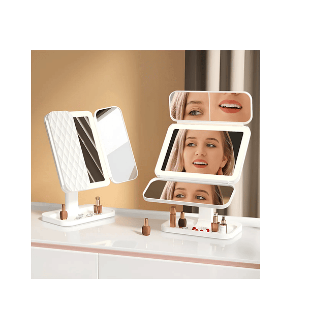 Espejo de Maquillaje triple plegable con luz led y Aumento marco blanco  6