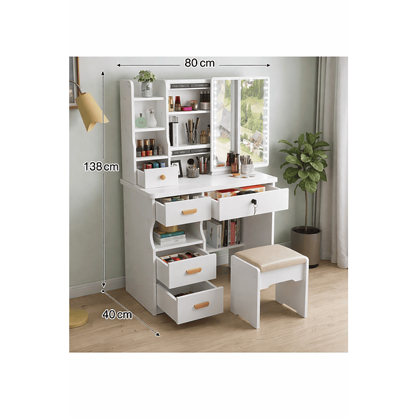 Tocador Con Taburete Blanco Y Espejo Giratorio 138x80x40cm  4