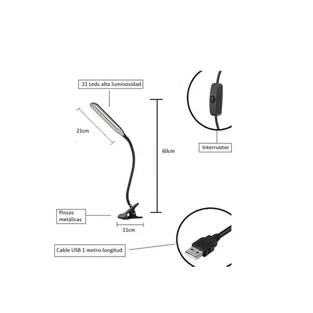 Lampara Led Usb Flexible Escritorio Pinzas Protección Vista 4