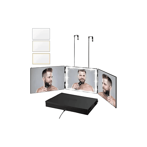 Espejo Triple Con Led Para Auto Corte Barberia Peluqueria Negro