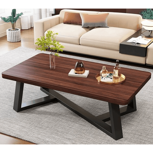 Mesa auxiliar de madera con base abstracta y forma rectangular 