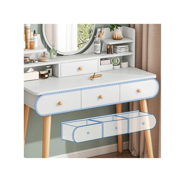 Tocador de Maquillaje con Espejo LED Circular, 3 Cajones y Banqueta 100x40x131cm 2