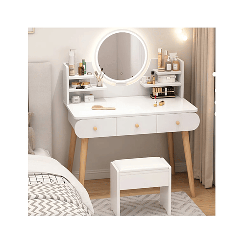 Tocador de Maquillaje con Espejo LED Circular, 3 Cajones y Banqueta 100x40x131cm