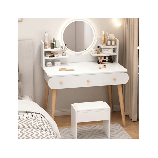 Tocador de Maquillaje con Espejo LED Circular, 3 Cajones y Banqueta 100x40x131cm 1