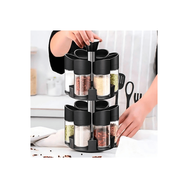 Especiero Giratorio 2 Niveles + Set 12 Piezas Condimenteros Negro 3
