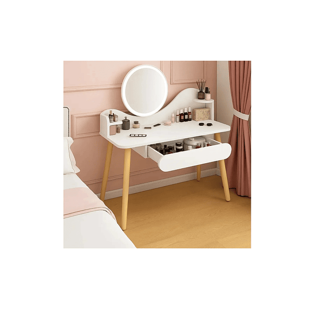 Tocador De Madera Con Espejo Y Taburete 80x40x122 Blanco Con Beige 3