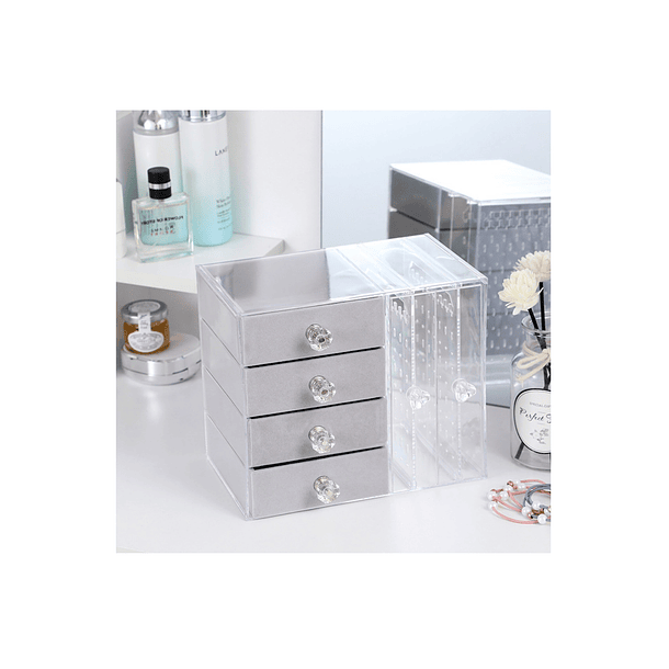 Joyero Organizador Premium | Acrílico Transparente Y Felpa | 4 Cajones + 2 Paneles Laterales | Exhibidor De Aros, Anillos Y Collares 1