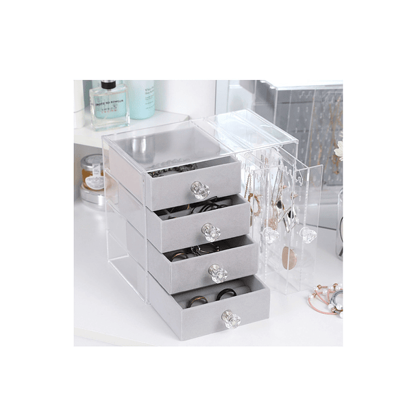 Joyero Organizador Premium | Acrílico Transparente Y Felpa | 4 Cajones + 2 Paneles Laterales | Exhibidor De Aros, Anillos Y Collares 2