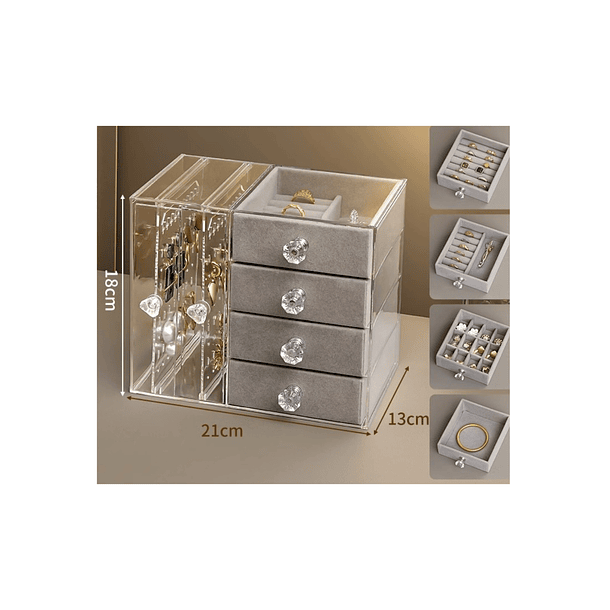 Joyero Organizador Premium | Acrílico Transparente Y Felpa | 4 Cajones + 2 Paneles Laterales | Exhibidor De Aros, Anillos Y Collares 3