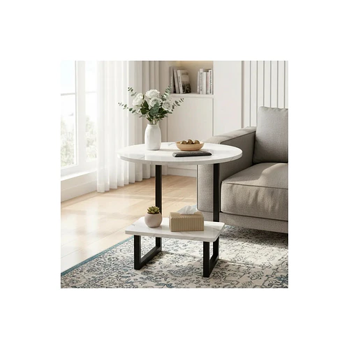 Mesa Auxiliar Esquinera Efecto Mármol 2 Niveles Blanco Negro 