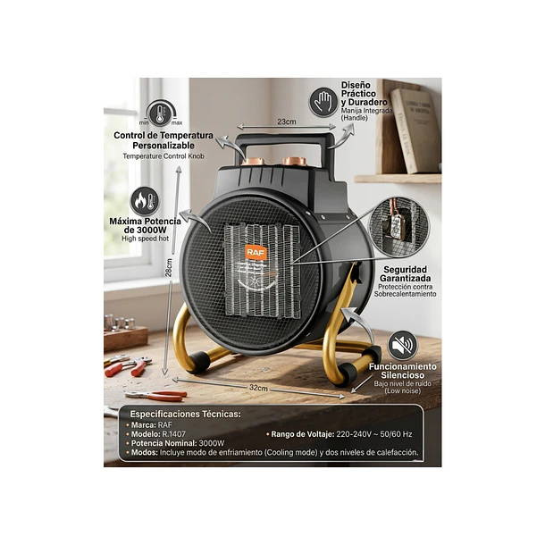 Ventilador Calefactor Eléctrico RAF R.1407 | Potencia 3000W | Control de Temperatura Ajustable 7