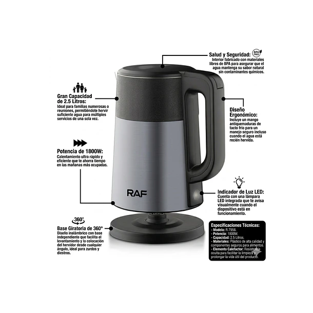 Hervidor Eléctrico Raf R.7956 | 2.5 Litros 1800w | Libre Bpa 4