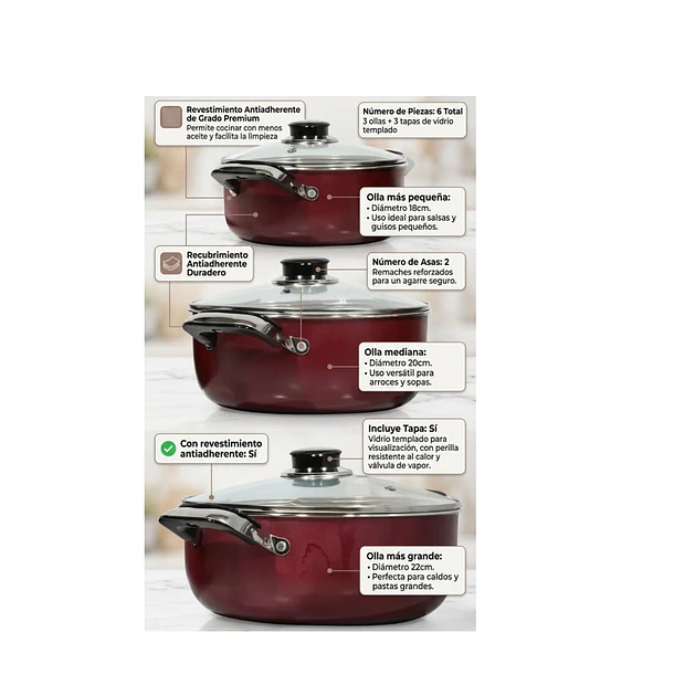 Set De Ollas Baterias 6 Piezas Antiadherente Rojo 5