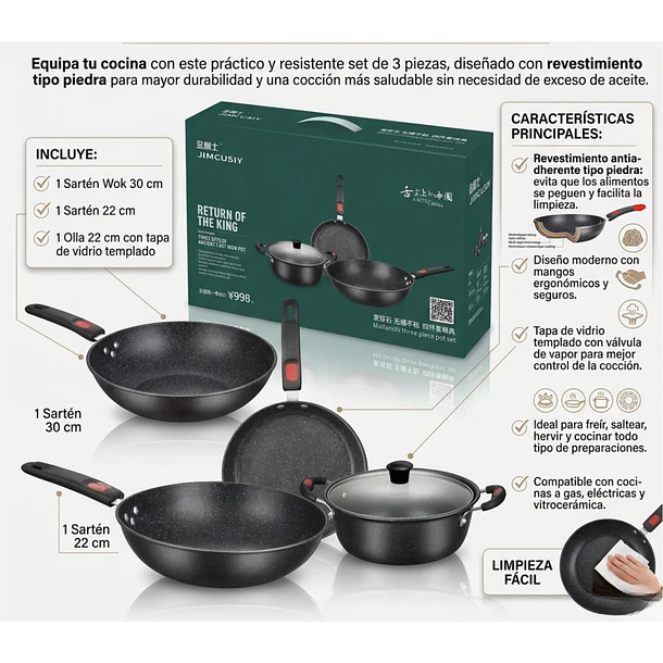 Set Ollas Y Sartenes Antiadherente Tipo Piedra 3 Ollas Wok 4